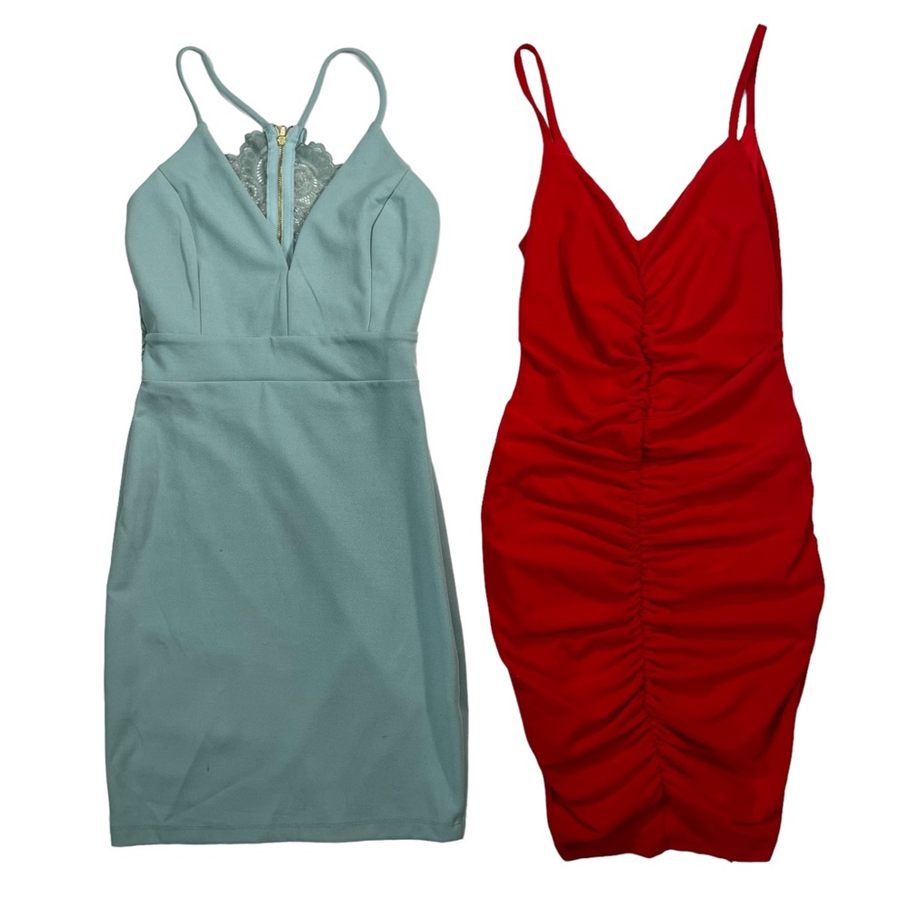SHEIN Bundle Red Blue Lace Bodycon Straps Gathered Zipper Fuzzy Open Back Dress